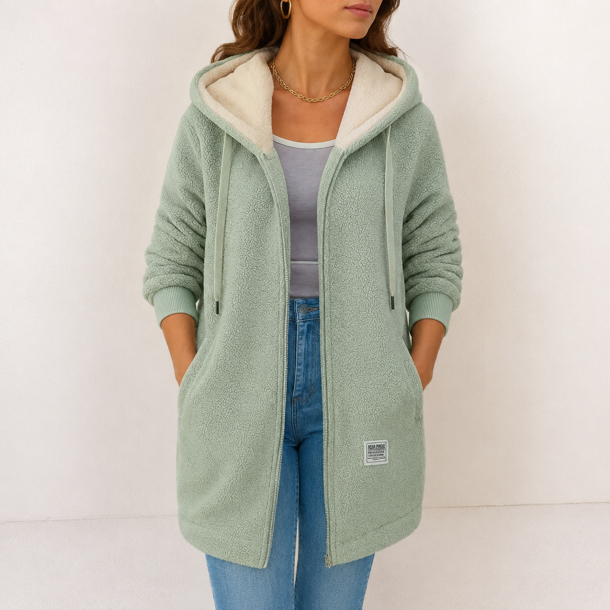 Wendy cozy fleece hooded jacket for women shown in blue, green, pink and brown