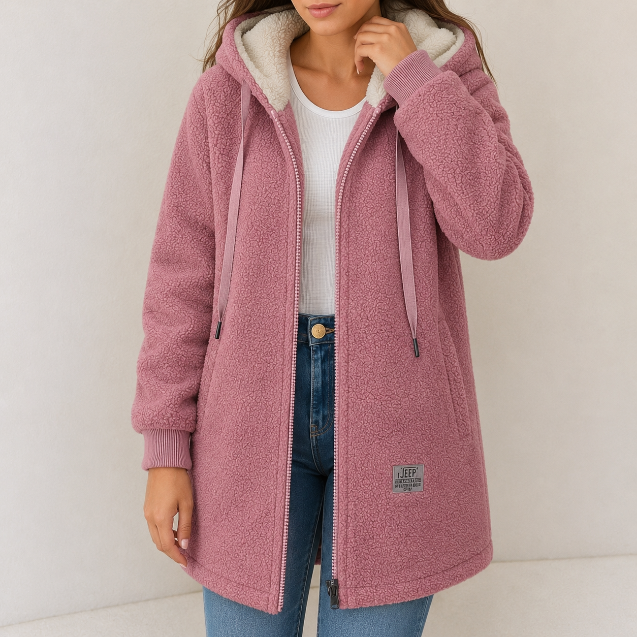 Wendy cozy fleece hooded jacket for women shown in blue, green, pink and brown