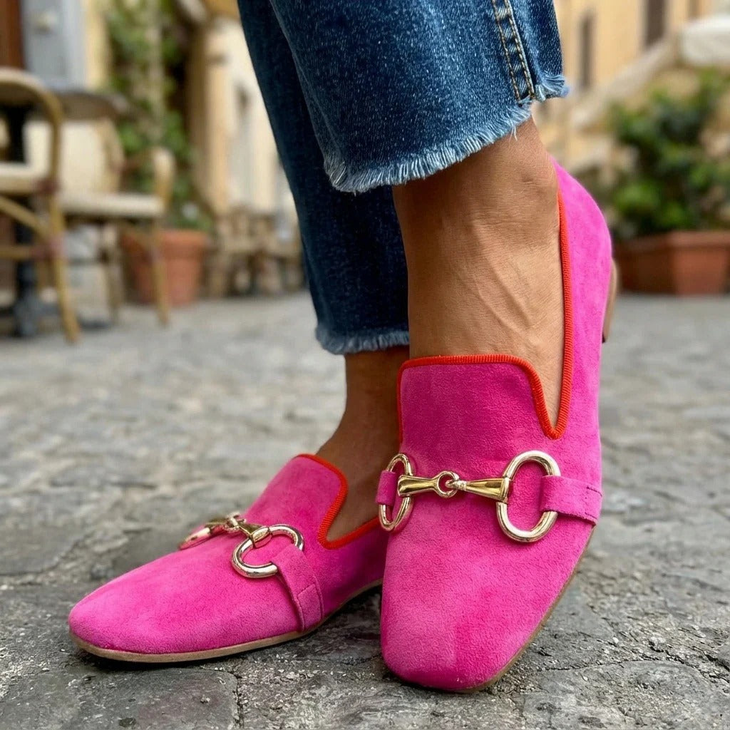 Fluorescent suede loafer with front metal detail in deep pink and green