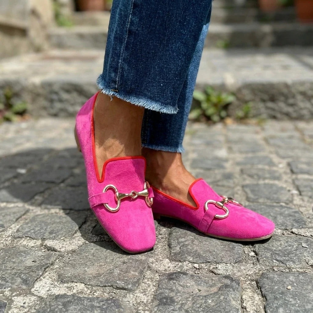 Fluorescent suede loafer with front metal detail in deep pink and green