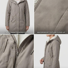 Women's cozy hooded longline coat with plush lining and front pockets