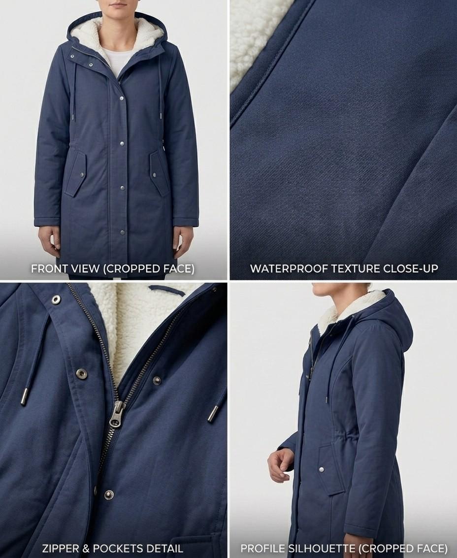 Women's hooded longline weatherproof coat with plush lining and front pockets