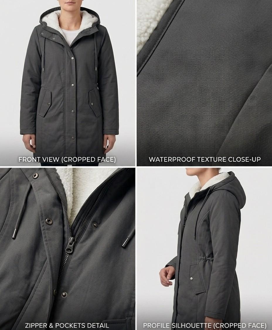 Woman wearing a cozy hooded longline weatherproof coat with plush lining and front pockets