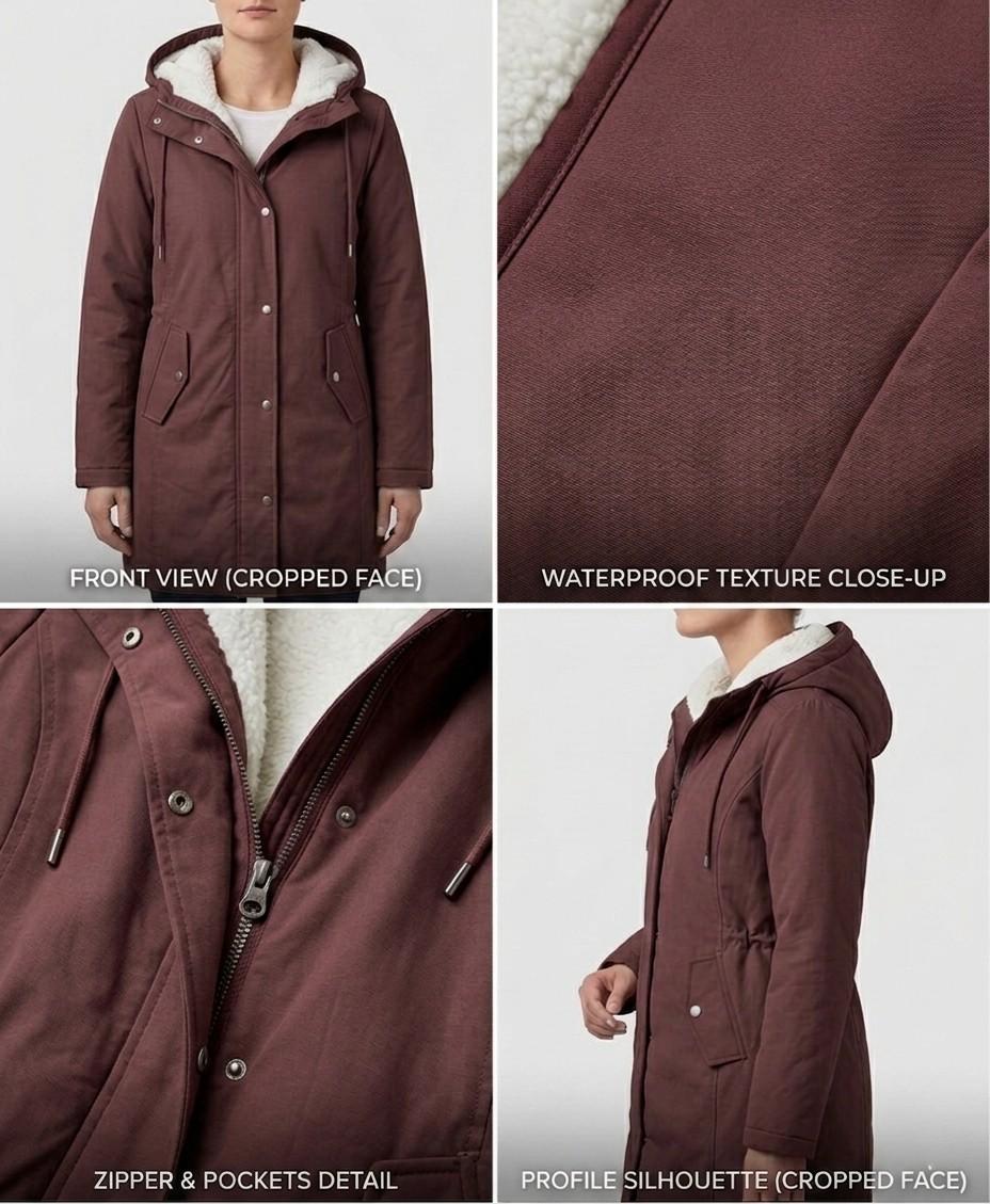 Woman wearing a cozy hooded longline weatherproof coat with plush lining and front pockets