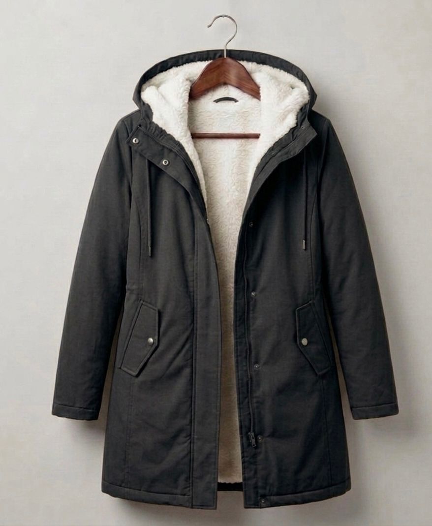 Woman wearing a cozy hooded longline weatherproof coat with plush lining and front pockets