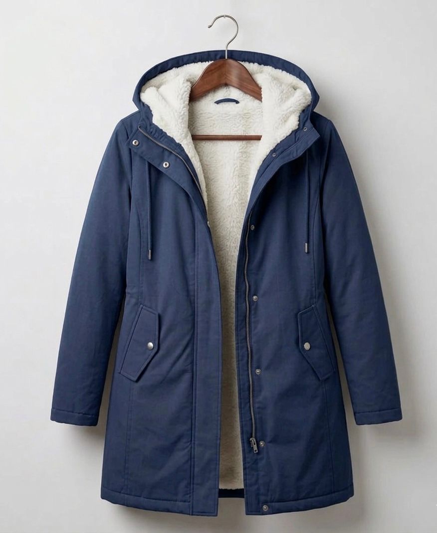 Woman wearing a cozy hooded longline weatherproof coat with plush lining and front pockets