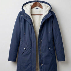 Women's hooded longline weatherproof coat with plush lining and front pockets