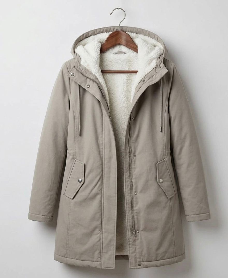 Women's cozy hooded longline coat with plush lining and front pockets