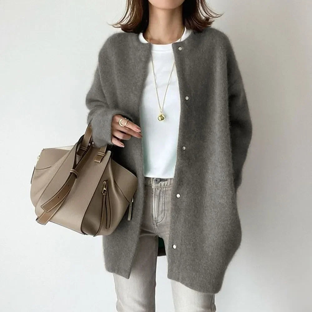 Women's loose fit knitted button-front cardigan jacket with dropped shoulders