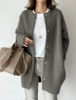 Women's loose fit knitted button-front cardigan jacket with dropped shoulders