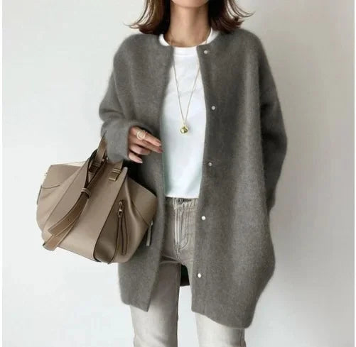 Women's loose fit knitted button-front cardigan jacket with dropped shoulders