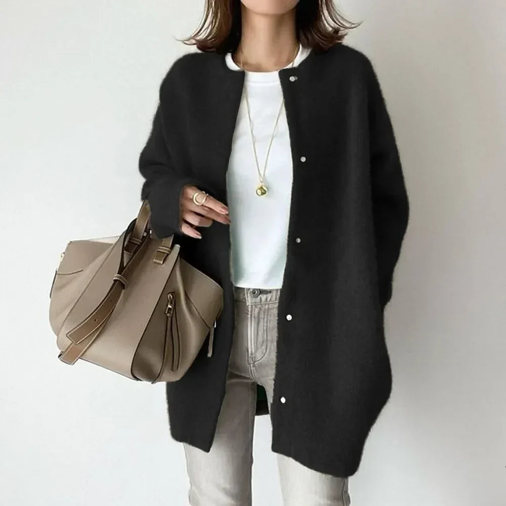 Women's loose fit knitted button-front cardigan jacket with dropped shoulders