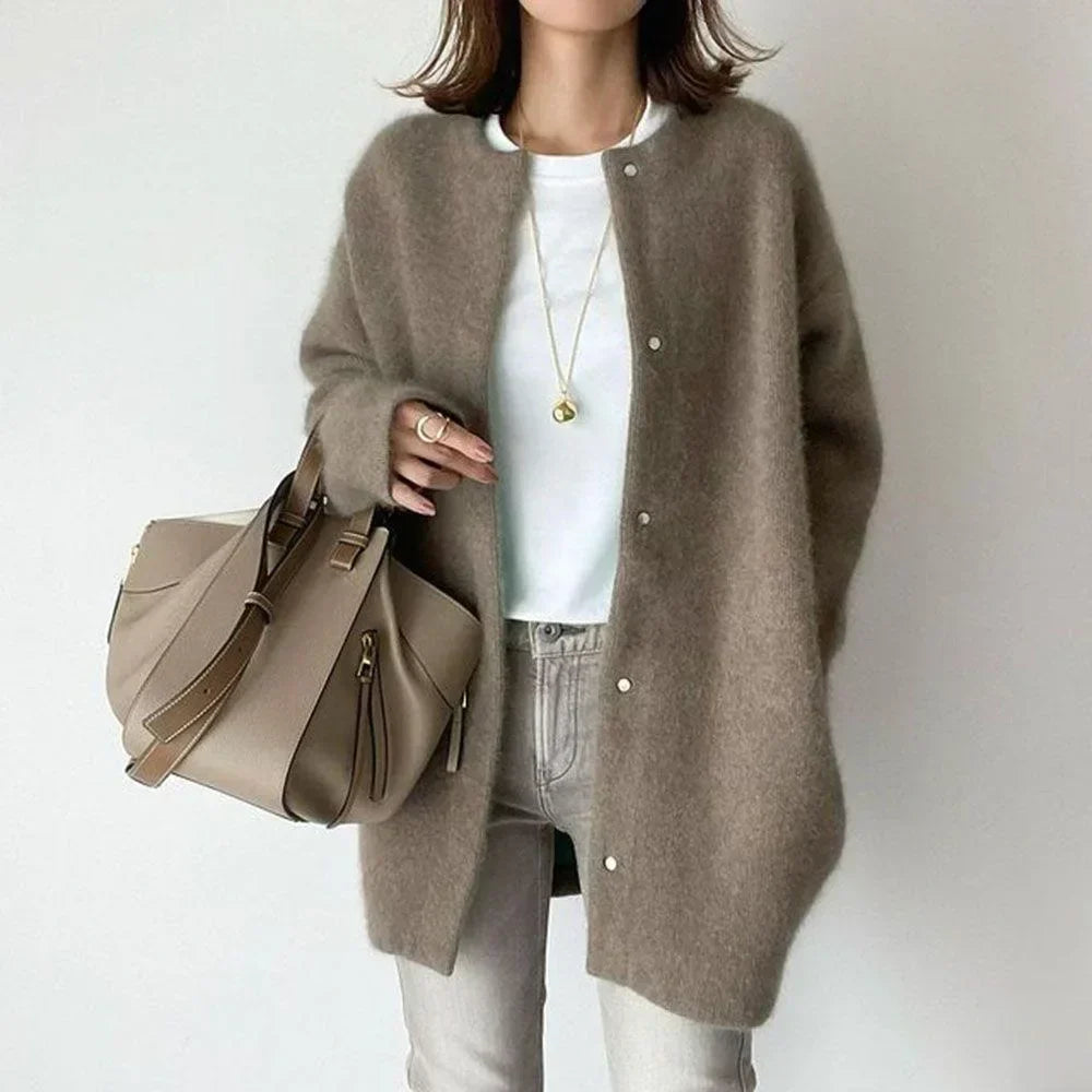 Women's loose fit knitted button-front cardigan jacket with dropped shoulders