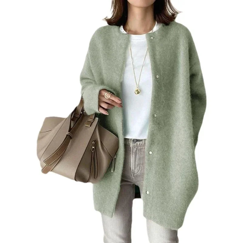 Women's loose fit knitted button-front cardigan jacket with dropped shoulders