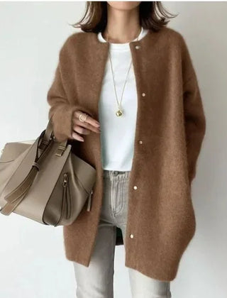 Women's loose fit knitted button-front cardigan jacket with dropped shoulders
