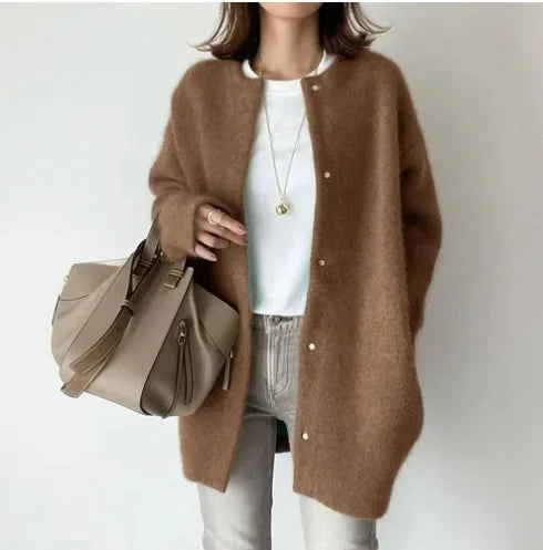 Women's loose fit knitted button-front cardigan jacket with dropped shoulders