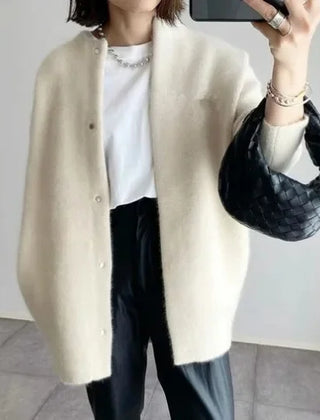 Women's loose fit knitted button-front cardigan jacket with dropped shoulders