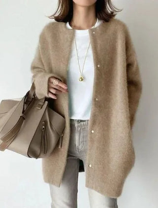 Women's loose fit knitted button-front cardigan jacket with dropped shoulders