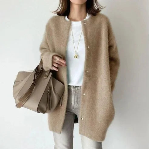 Women's loose fit knitted button-front cardigan jacket with dropped shoulders