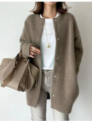 Women's loose fit knitted button-front cardigan jacket with dropped shoulders