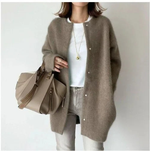 Women's loose fit knitted button-front cardigan jacket with dropped shoulders