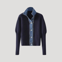 Navy ribbed knit cardigan with contrast denim collar and button placket, slim fit