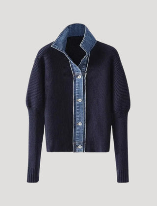 Navy ribbed knit cardigan with contrast denim collar and button placket, slim fit