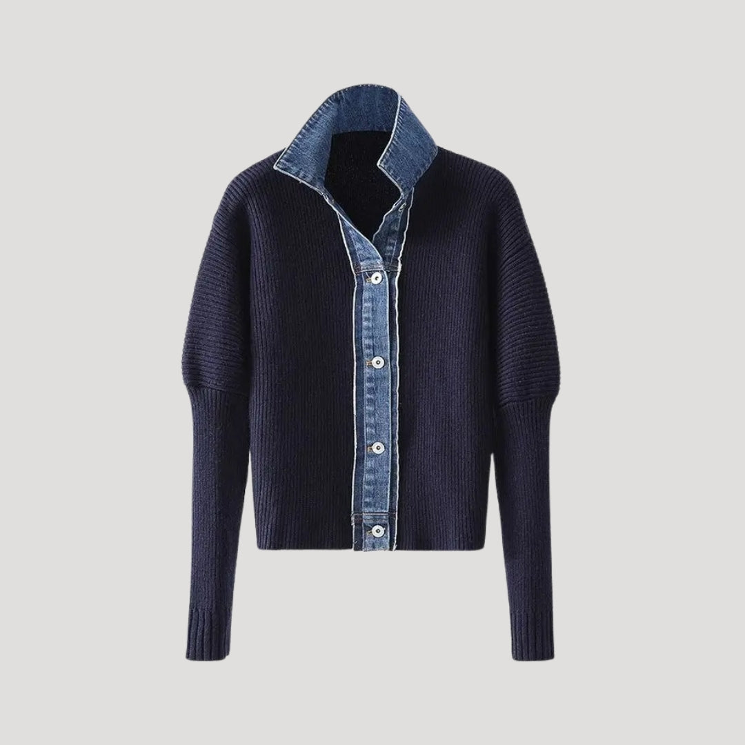 Navy ribbed knit cardigan with contrast denim collar and button placket, slim fit