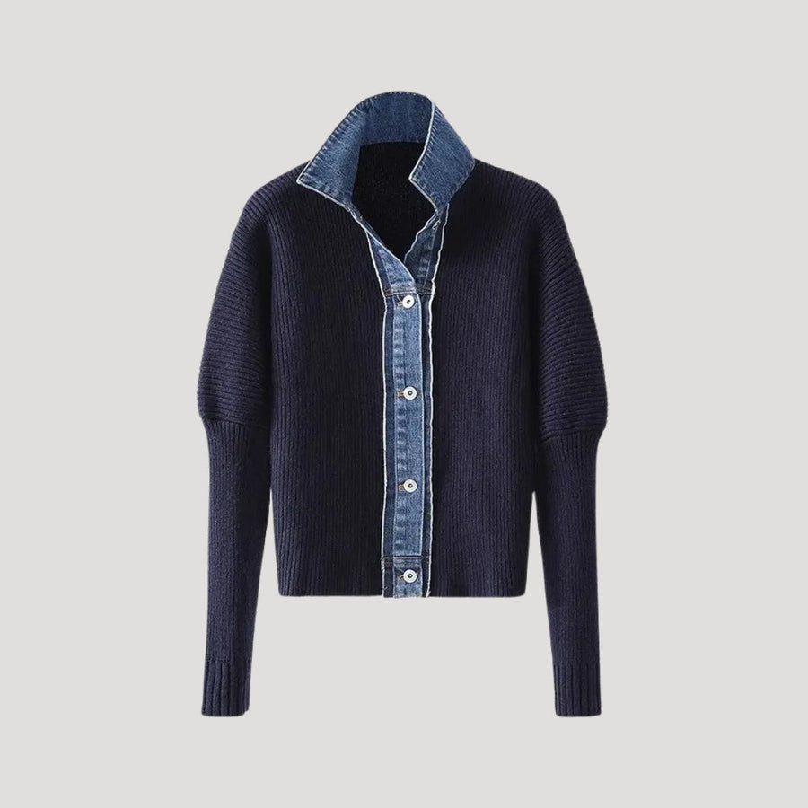 Navy ribbed knit cardigan with contrast denim collar and button placket, slim fit