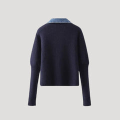 Navy ribbed knit cardigan with contrast denim collar and button placket, slim fit
