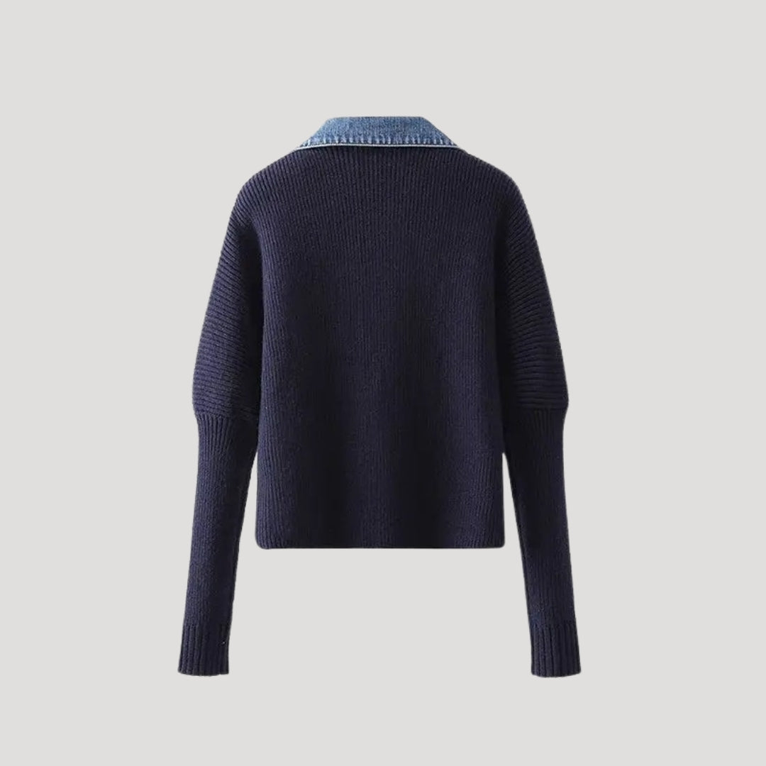 Navy ribbed knit cardigan with contrast denim collar and button placket, slim fit