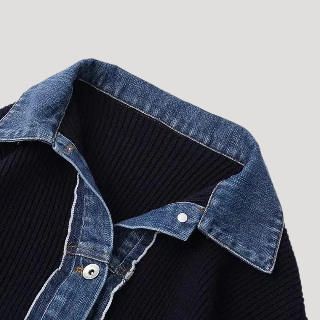 Navy ribbed knit cardigan with contrast denim collar and button placket, slim fit
