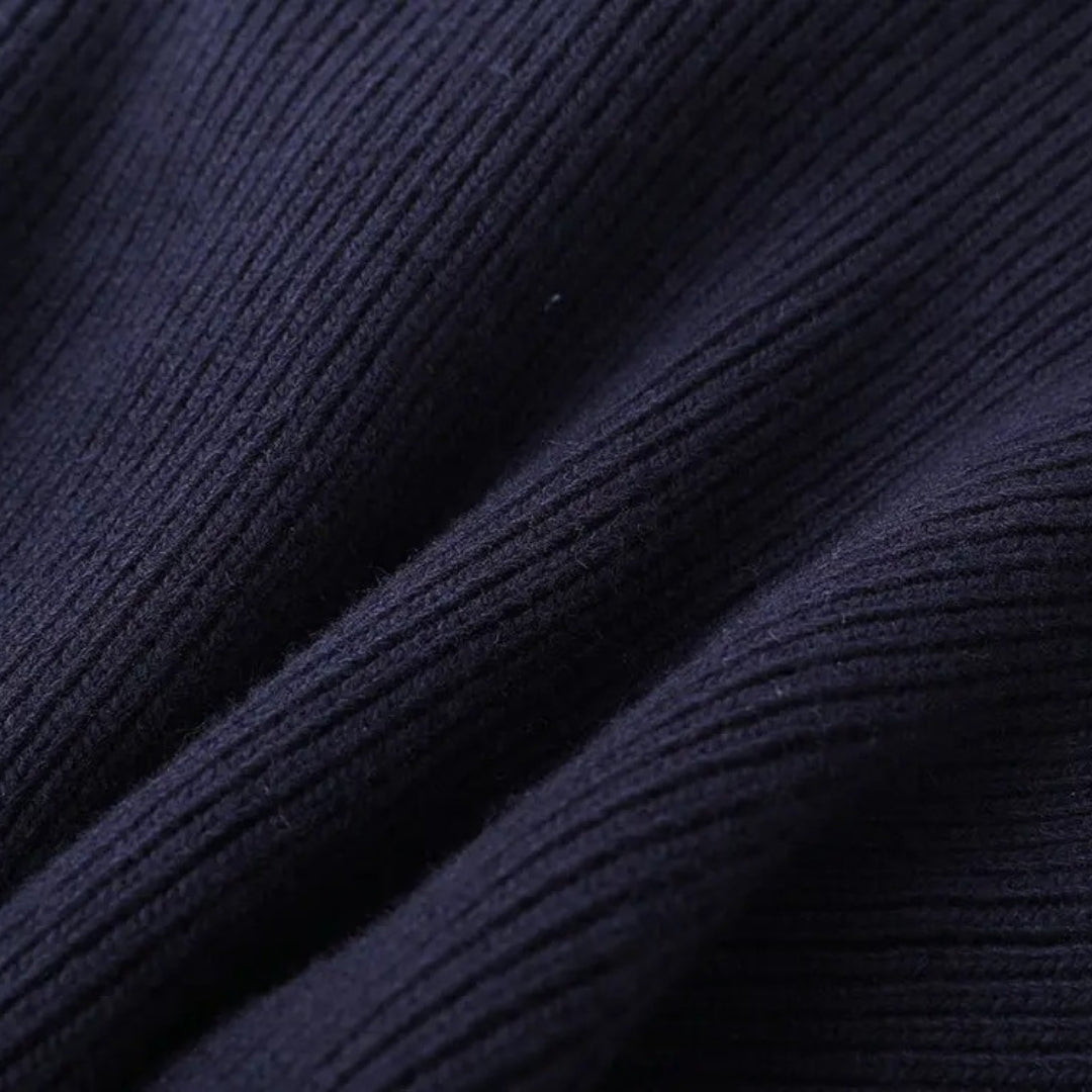 Navy ribbed knit cardigan with contrast denim collar and button placket, slim fit