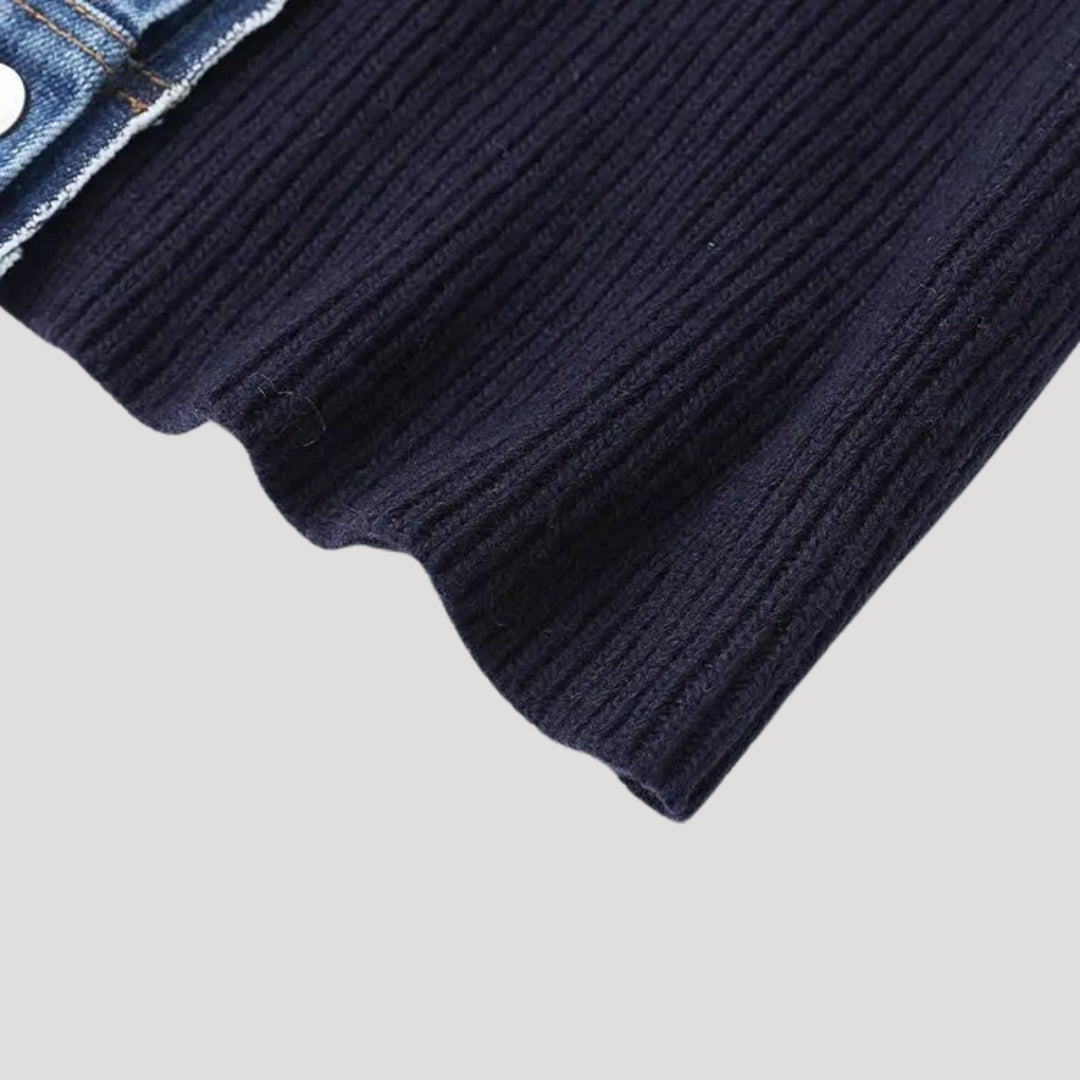 Navy ribbed knit cardigan with contrast denim collar and button placket, slim fit