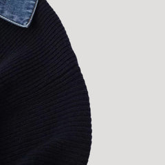 Navy ribbed knit cardigan with contrast denim collar and button placket, slim fit