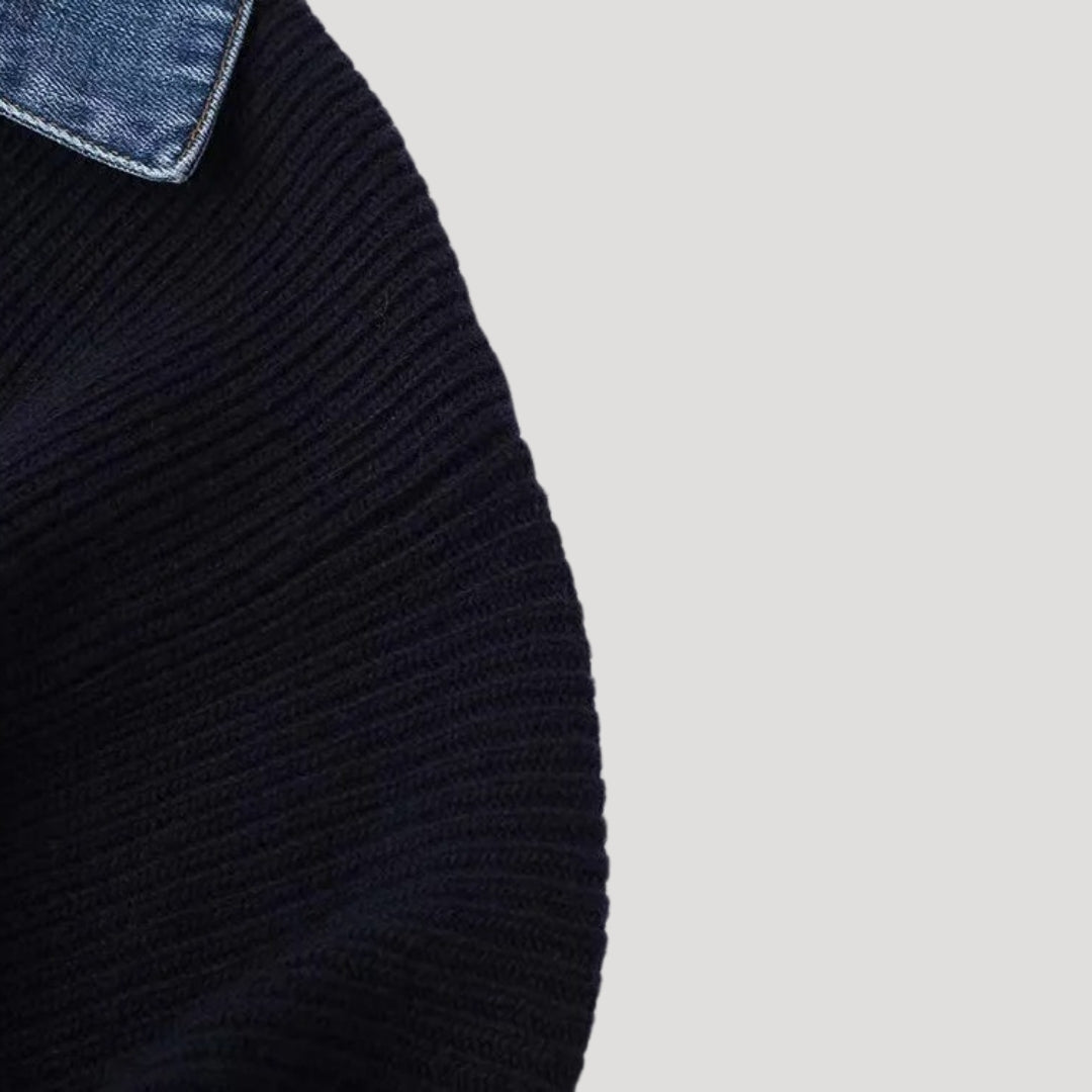 Navy ribbed knit cardigan with contrast denim collar and button placket, slim fit