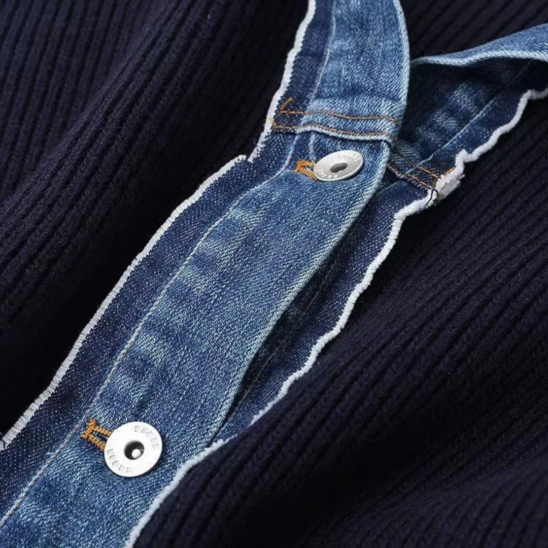 Navy ribbed knit cardigan with contrast denim collar and button placket, slim fit