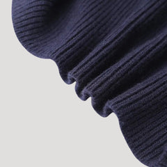 Navy ribbed knit cardigan with contrast denim collar and button placket, slim fit