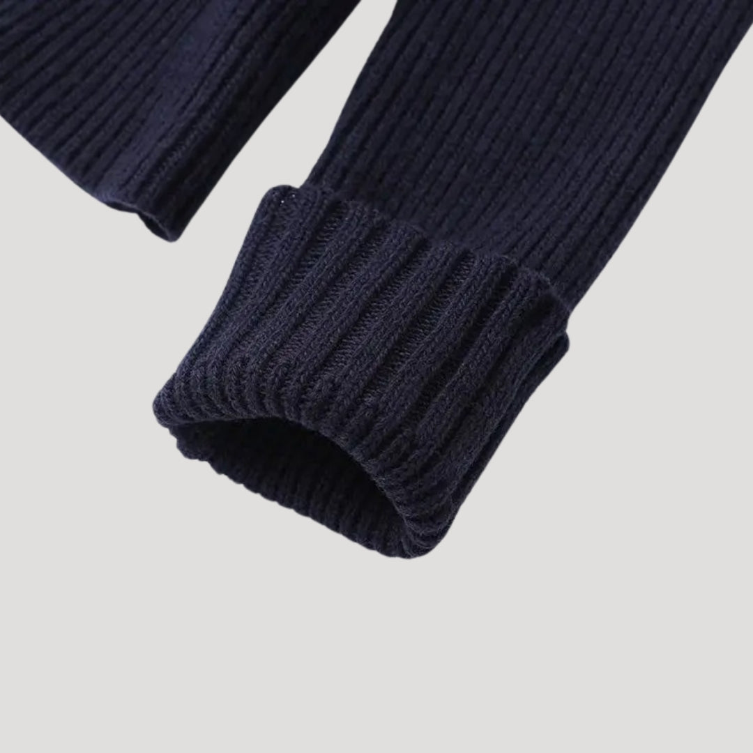 Navy ribbed knit cardigan with contrast denim collar and button placket, slim fit