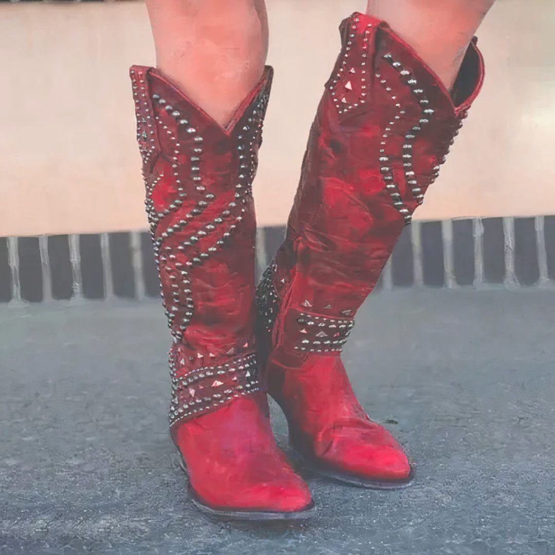 Knee-high pointed-toe boots with a mid block heel and side zipper