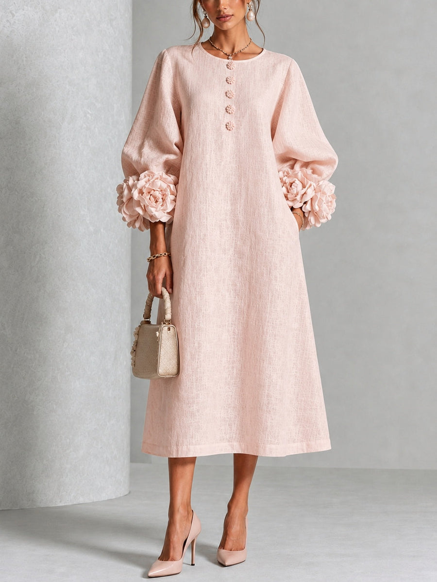 Liliana floral midi dress with round neckline, three-quarter sleeves and rose-knot cuffs