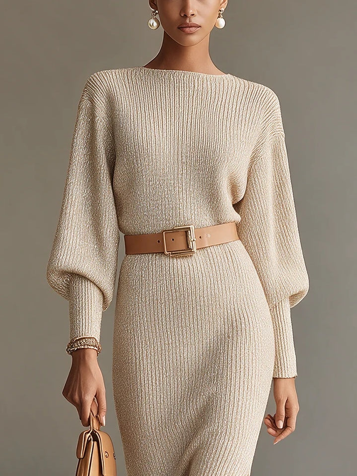 Oatmeal Boat-Neck Blouson-Sleeve Slit Midi Dress (with belt)