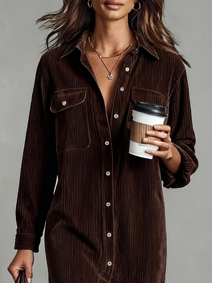 Bernice | Midi Dress in Soft Corduroy with Pockets and Single Button Closure