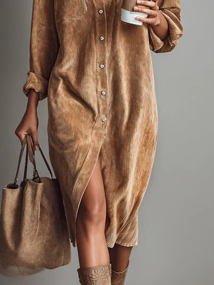Bernice | Midi Dress in Soft Corduroy with Pockets and Single Button Closure