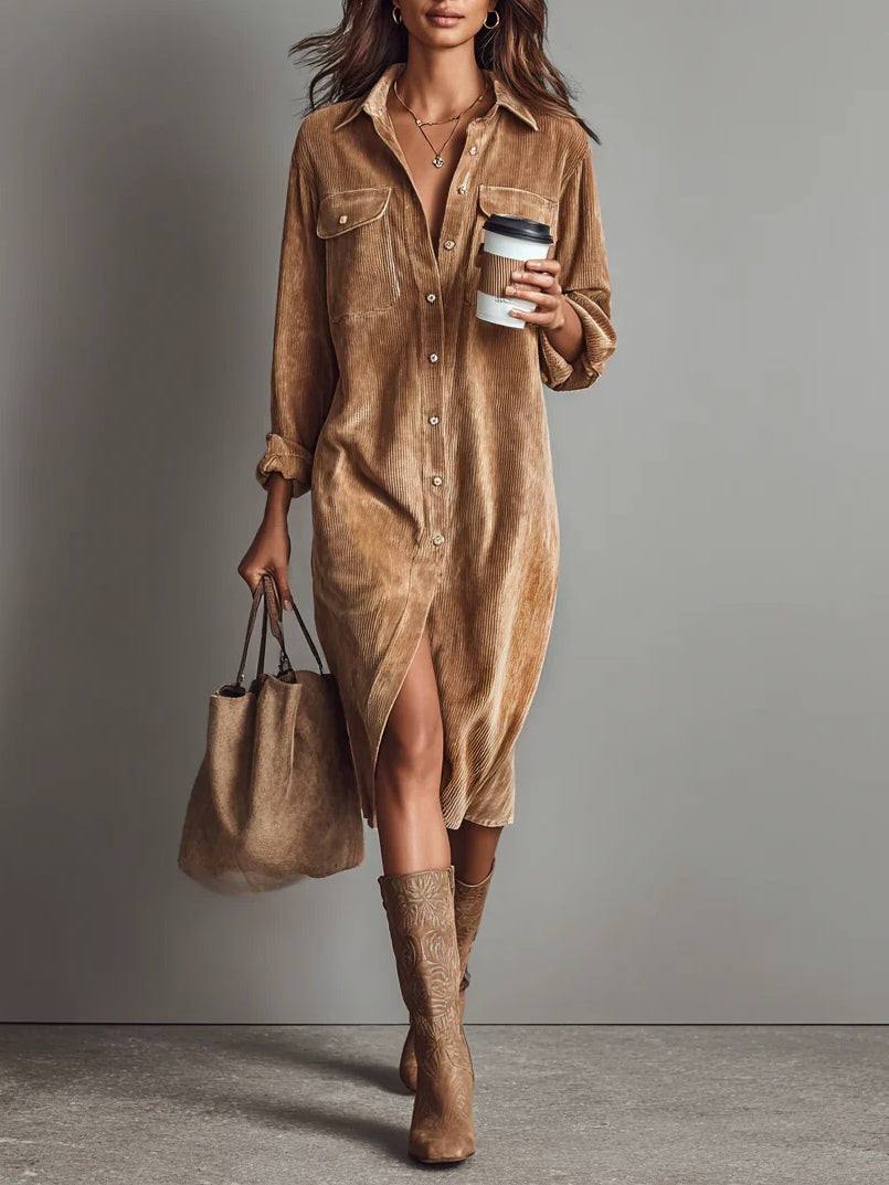 Bernice | Midi Dress in Soft Corduroy with Pockets and Single Button Closure