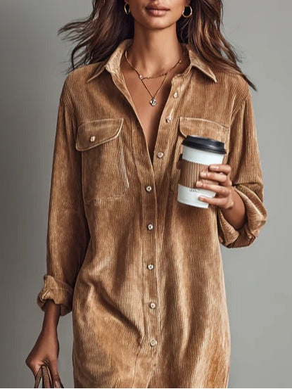 Bernice | Midi Dress in Soft Corduroy with Pockets and Single Button Closure