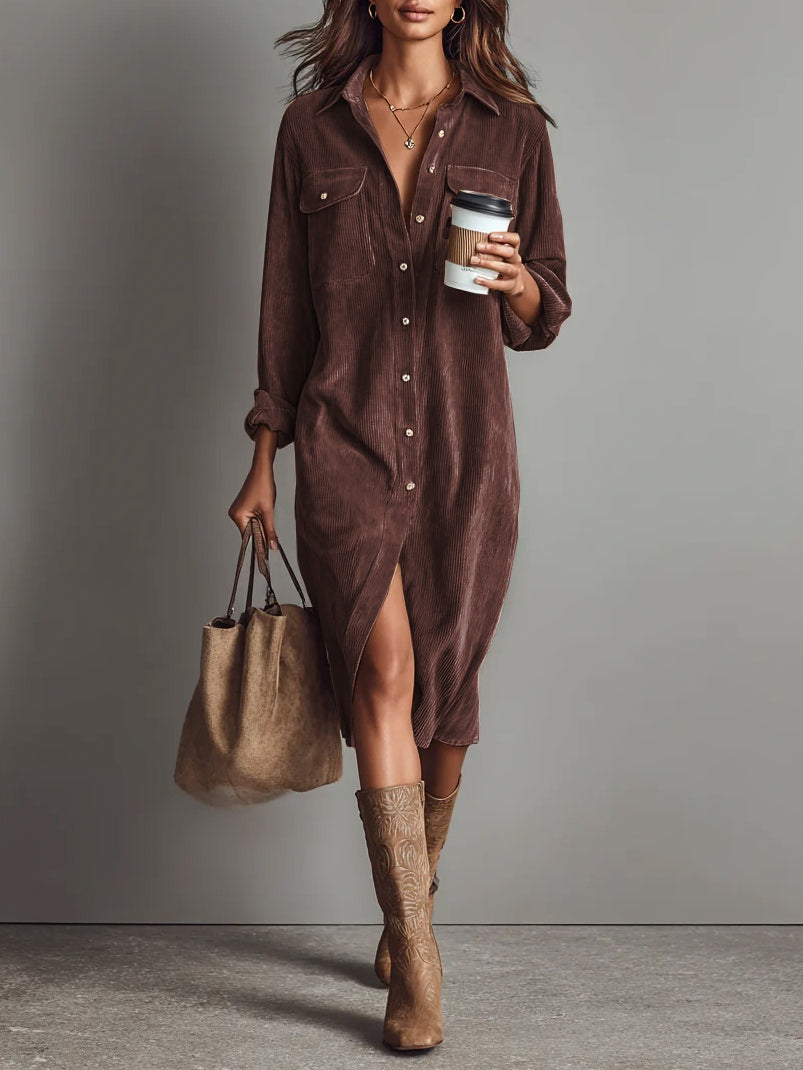 Bernice | Midi Dress in Soft Corduroy with Pockets and Single Button Closure