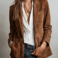 Women's vintage brown blazer with retro contrast stitching and structured collar