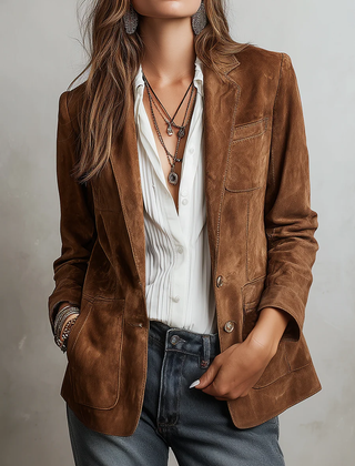 Women's vintage brown blazer with retro contrast stitching and structured collar