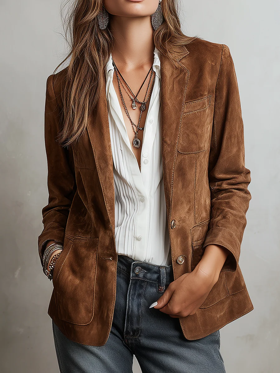 Women's vintage brown blazer with retro contrast stitching and structured collar